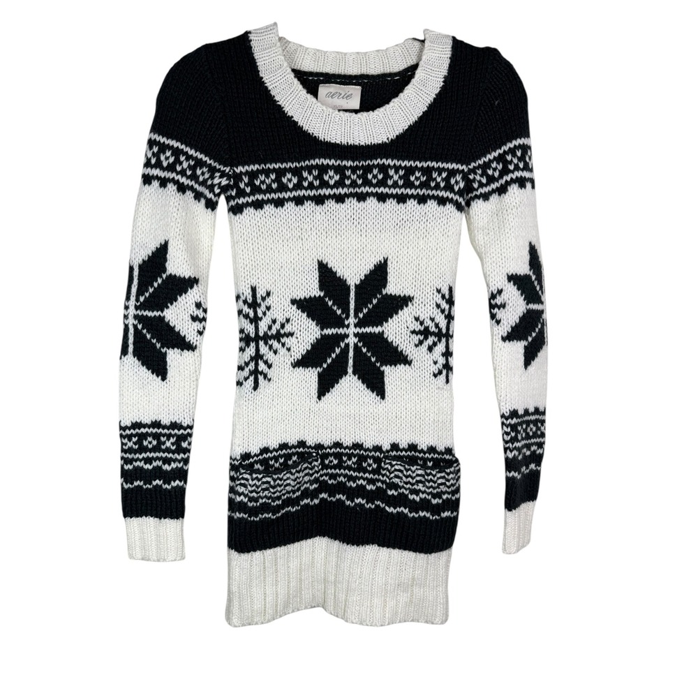 Vintage Aerie Black White Snowflake Fair Isle Knit Sweater‎ Tunic Womens XS Y2K